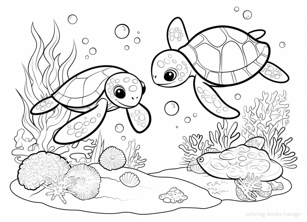 This is a coloring book of a turtle on a treasure hunt at the bottom of the sea. | Havago