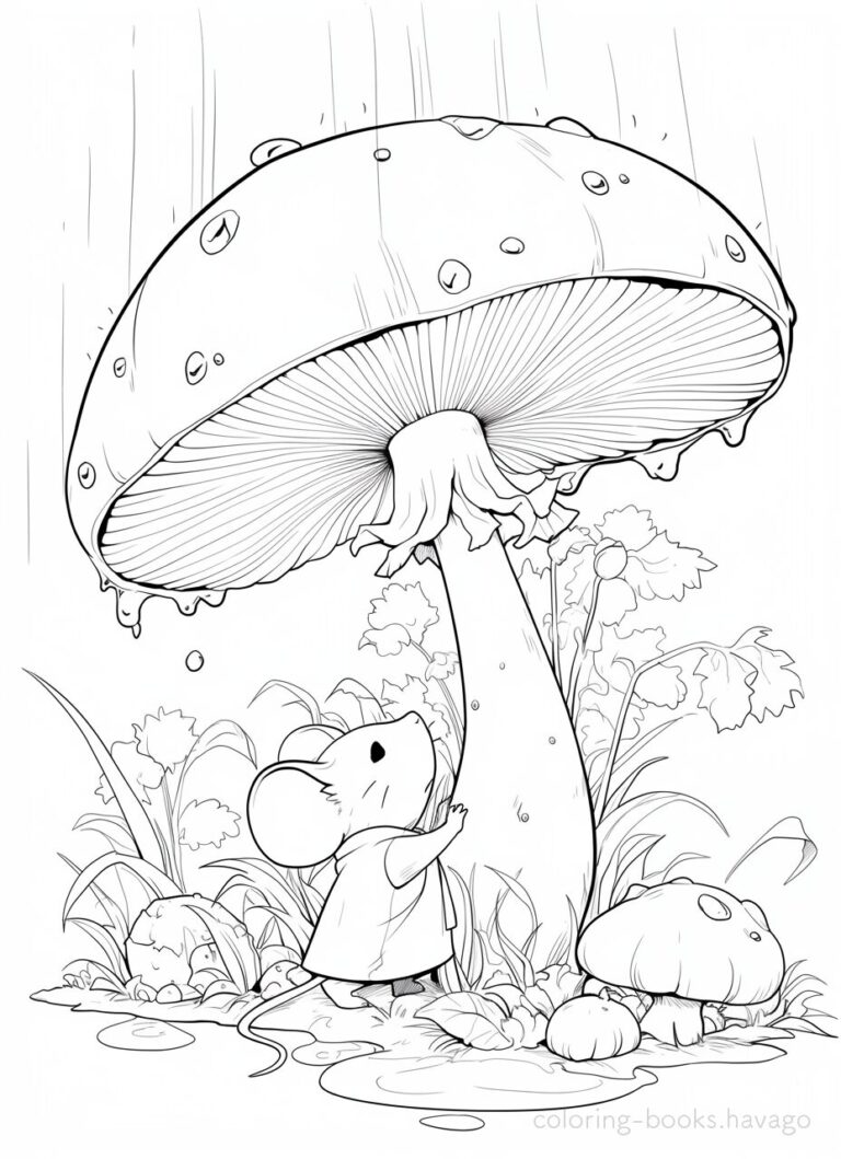 Coloring page of a mouse sheltering from the rain under a mushroom ...