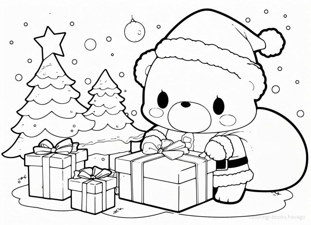 クリスマスプレゼントを運ぶくまのぬりえ | ハバゴ