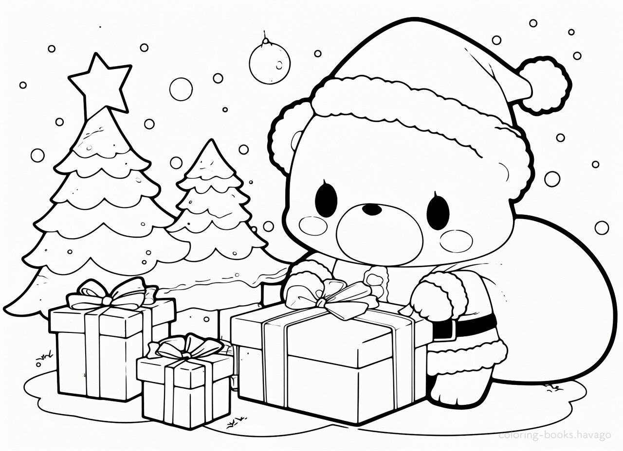 クリスマスプレゼントを運ぶくまのぬりえ | ハバゴ