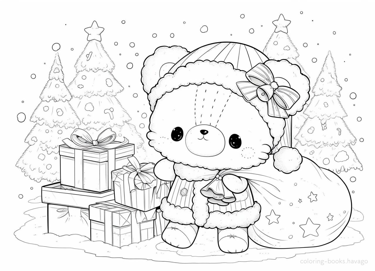 Coloring page of a bear who admires Santa Claus. | havago