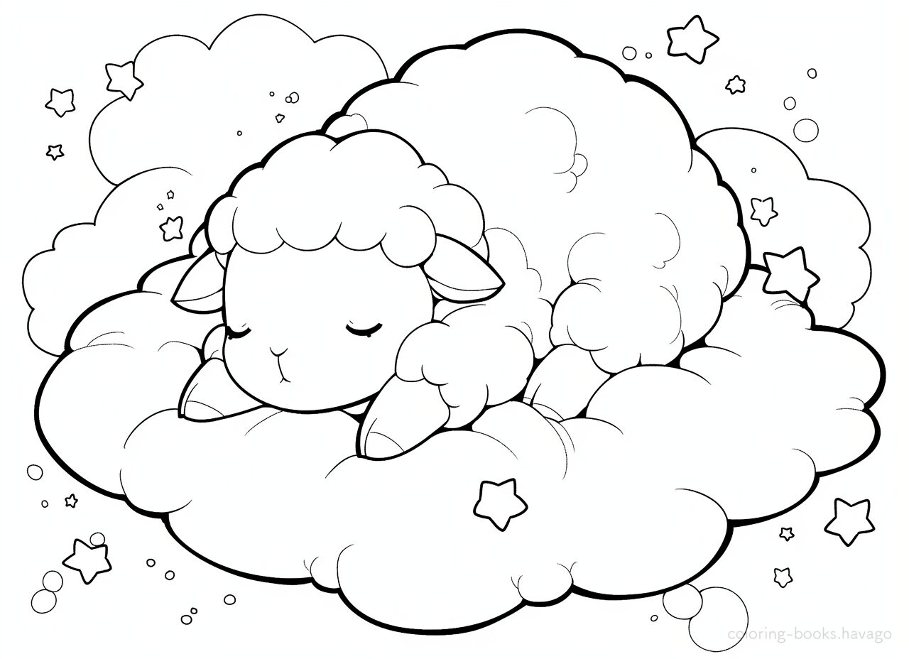 Coloring page of a sheep taking a nap on a cloud. | havago