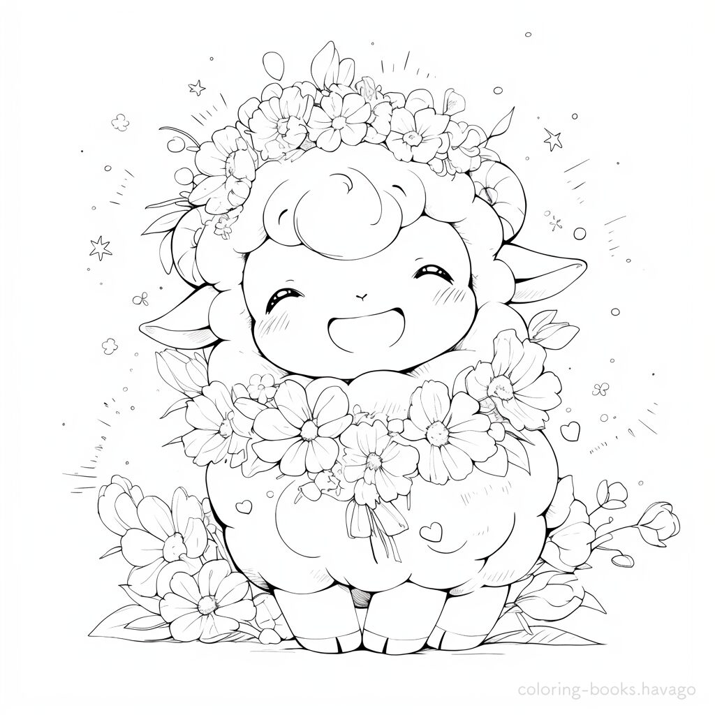 お花の冠をつけてごきげんなひつじの塗り絵 | ハバゴ