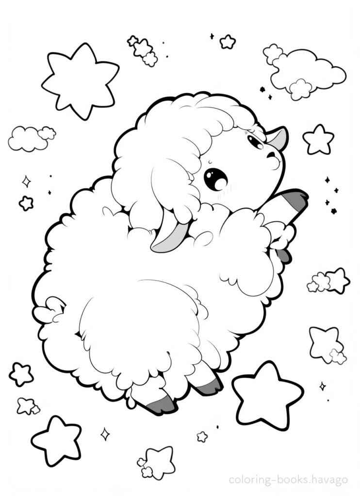 夜空をふわふわと飛ぶひつじの塗り絵 | ハバゴ