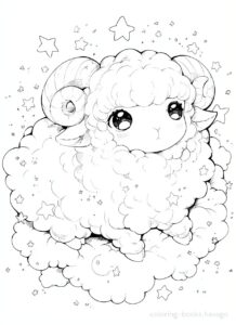 Sheep coloring page looking at the night sky from a cloud. | havago