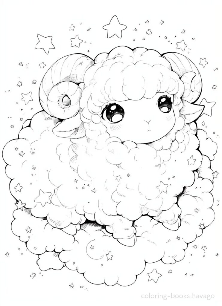 雲にのって夜空を見つめるひつじの塗り絵 | ハバゴ