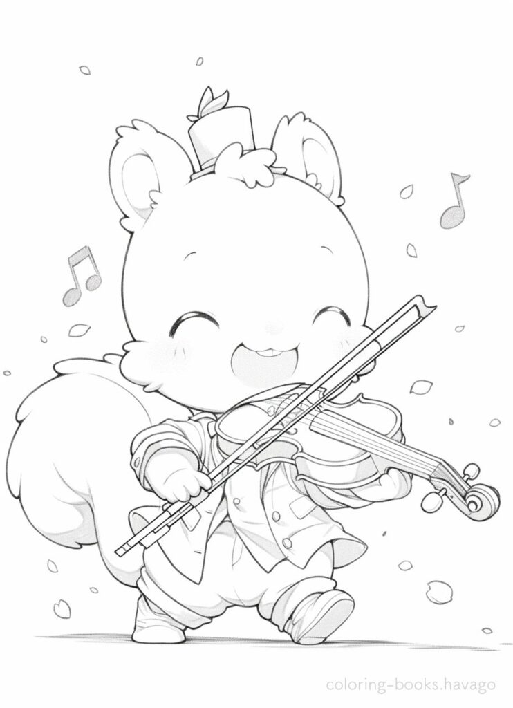 バイオリンを楽しそうに弾くリスの塗り絵 | ハバゴ