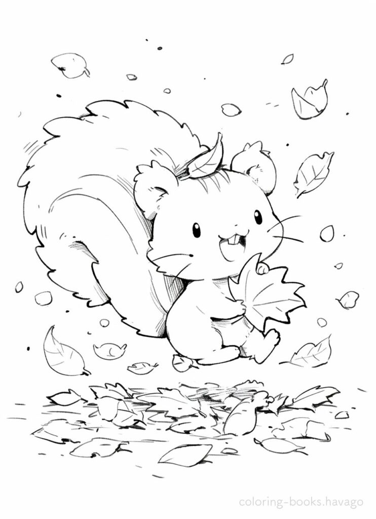 落ち葉で遊ぶリスの塗り絵 | ハバゴ