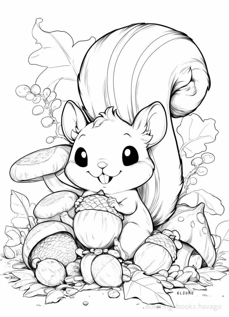 森でどんぐりを集めるリスの塗り絵 | ハバゴ