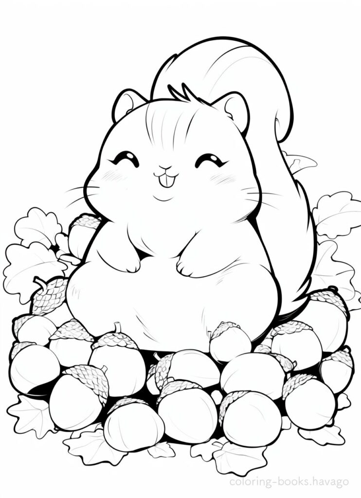 Coloring page of a happy squirrel collecting lots of acorns. | havago