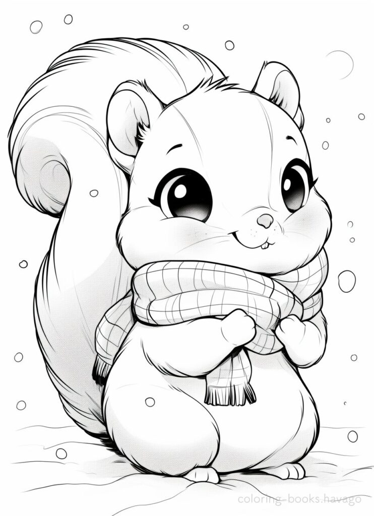 お気に入りのマフラーをするリスの塗り絵 | ハバゴ