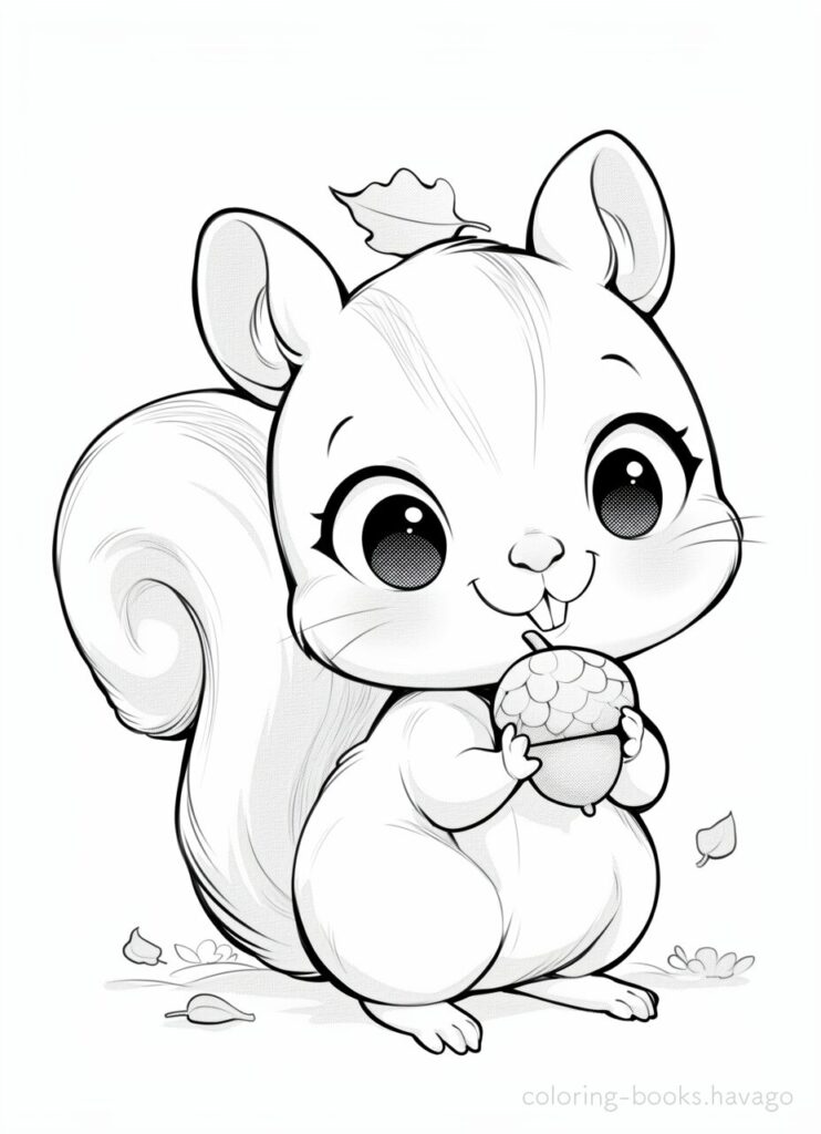 大きなどんぐりを見つけたリスの塗り絵 | ハバゴ