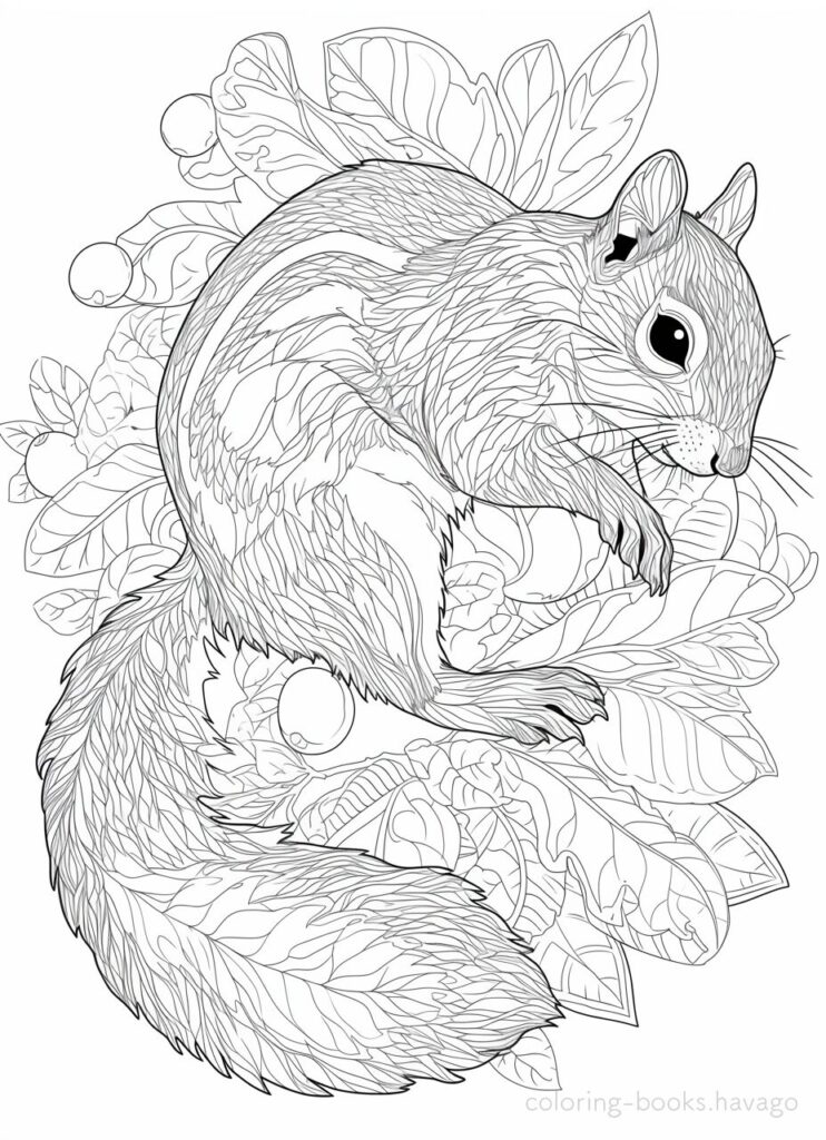 落ち葉の中でかくれんぼするリスの塗り絵 | ハバゴ