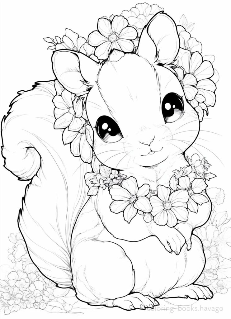 お花の飾りを身につけたリスの塗り絵 | ハバゴ