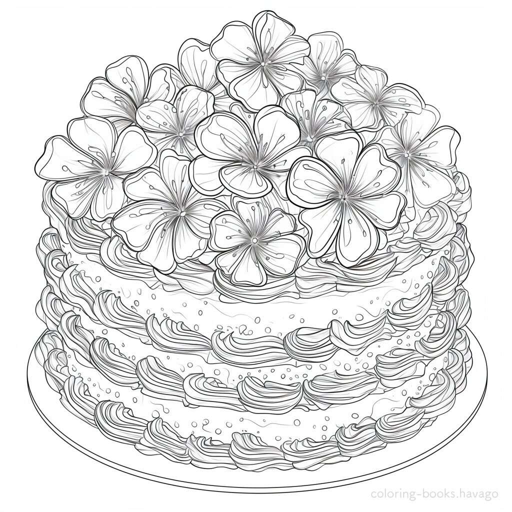エレガントな花のケーキの塗り絵 | ハバゴ