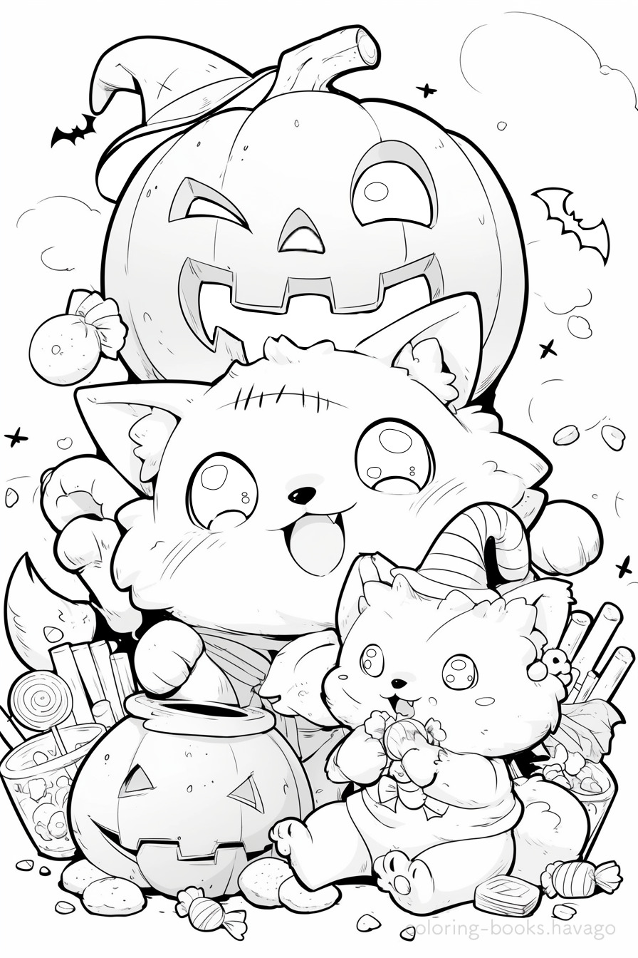 Cute Wolf and Jack-o'-Lantern Coloring Page. | havago