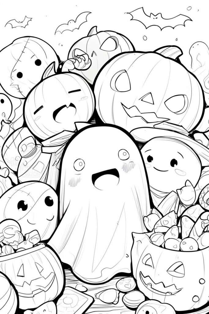 ハロウィンが待ち遠しいお化けとジャック・オー・ランタンの塗り絵 大人の塗り絵 | ハバゴ