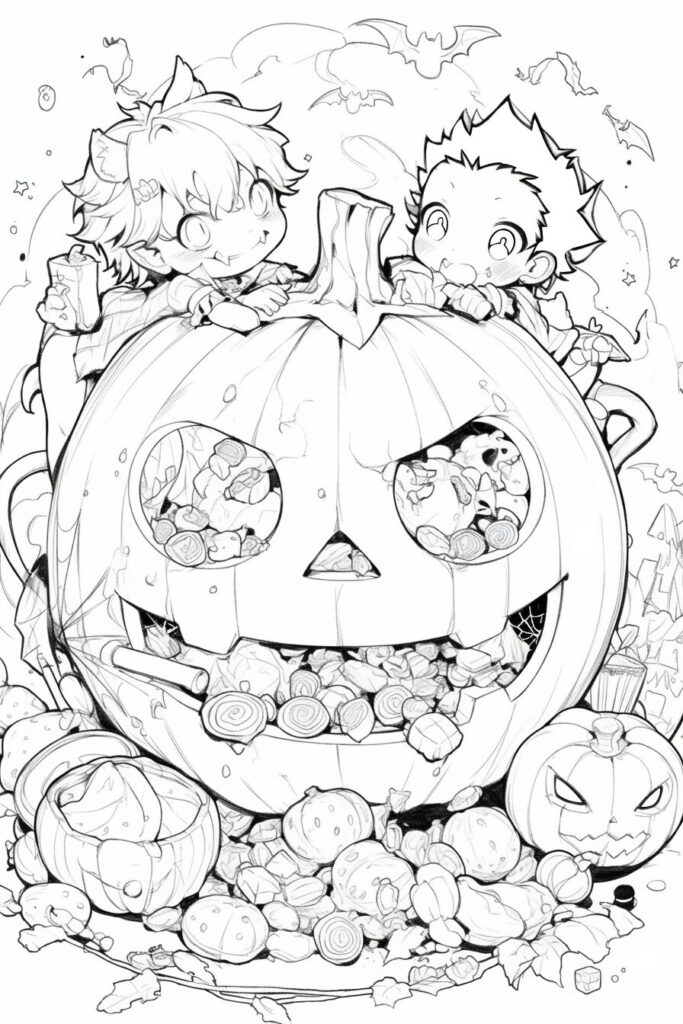 お菓子が詰まったジャック・オー・ランタンの塗り絵 大人の塗り絵 | ハバゴ
