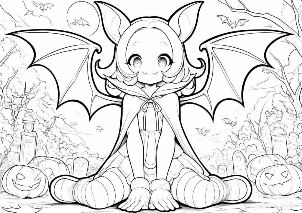 墓場で遊ぶドラキュラの女の子の塗り絵 大人の塗り絵 | ハバゴ