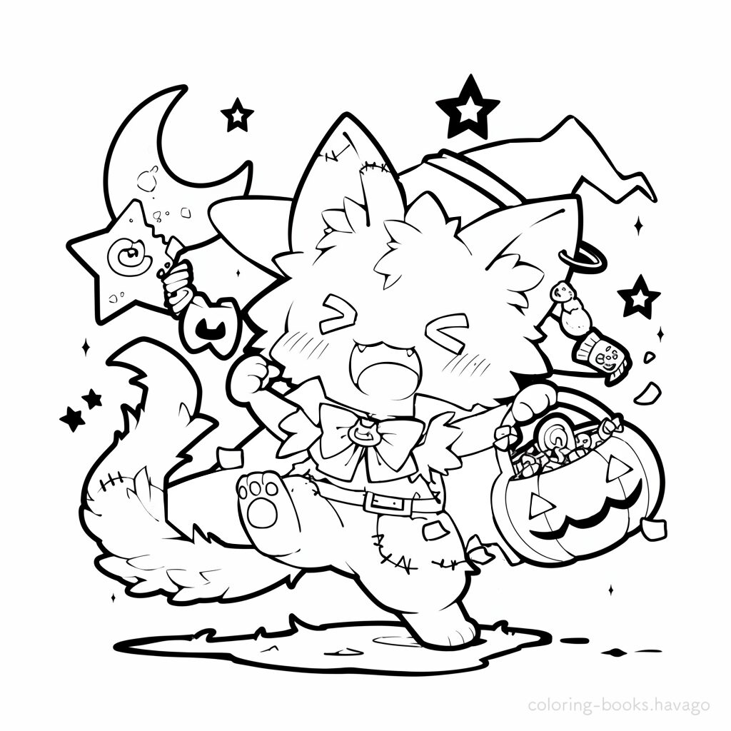 ハロウィンのお菓子を集めるオオカミの塗り絵 | ハバゴ