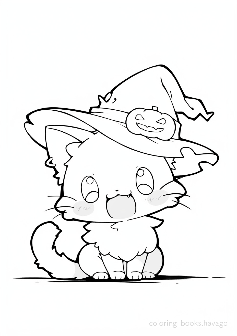 A Halloween hat looks great on this cat coloring page. | havago