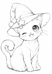 魔女の帽子をかぶってウインクをするねこの塗り絵 | ハバゴ