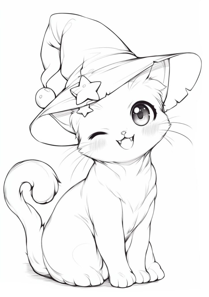 魔女の帽子をかぶってウインクをするねこの塗り絵 | ハバゴ
