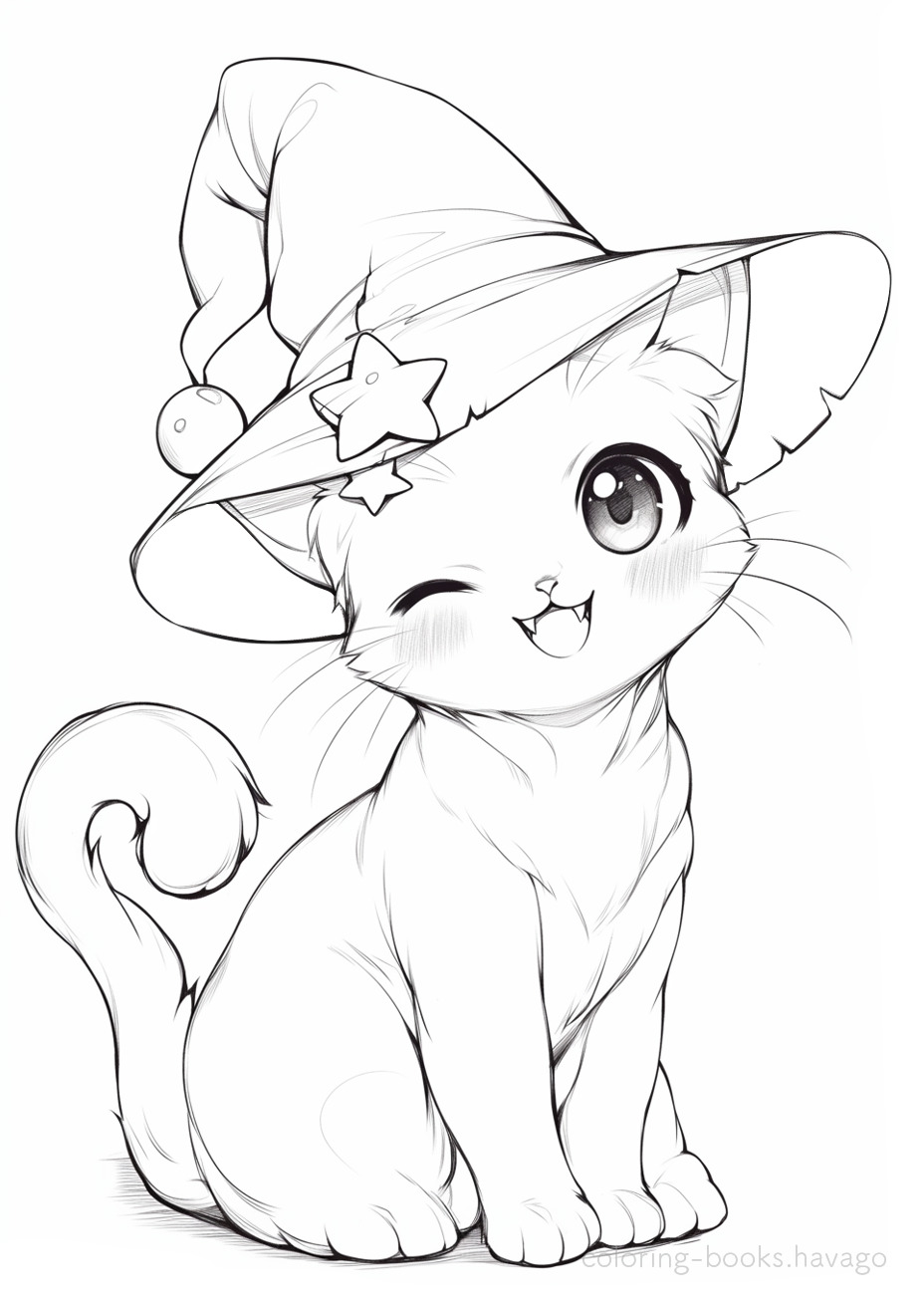 A cat wearing a witch's hat and winking coloring page. | havago