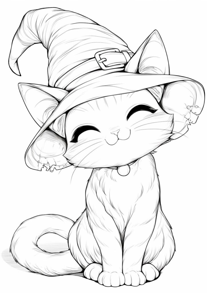 魔女の帽子をかぶってごきげんなねこの塗り絵 | ハバゴ