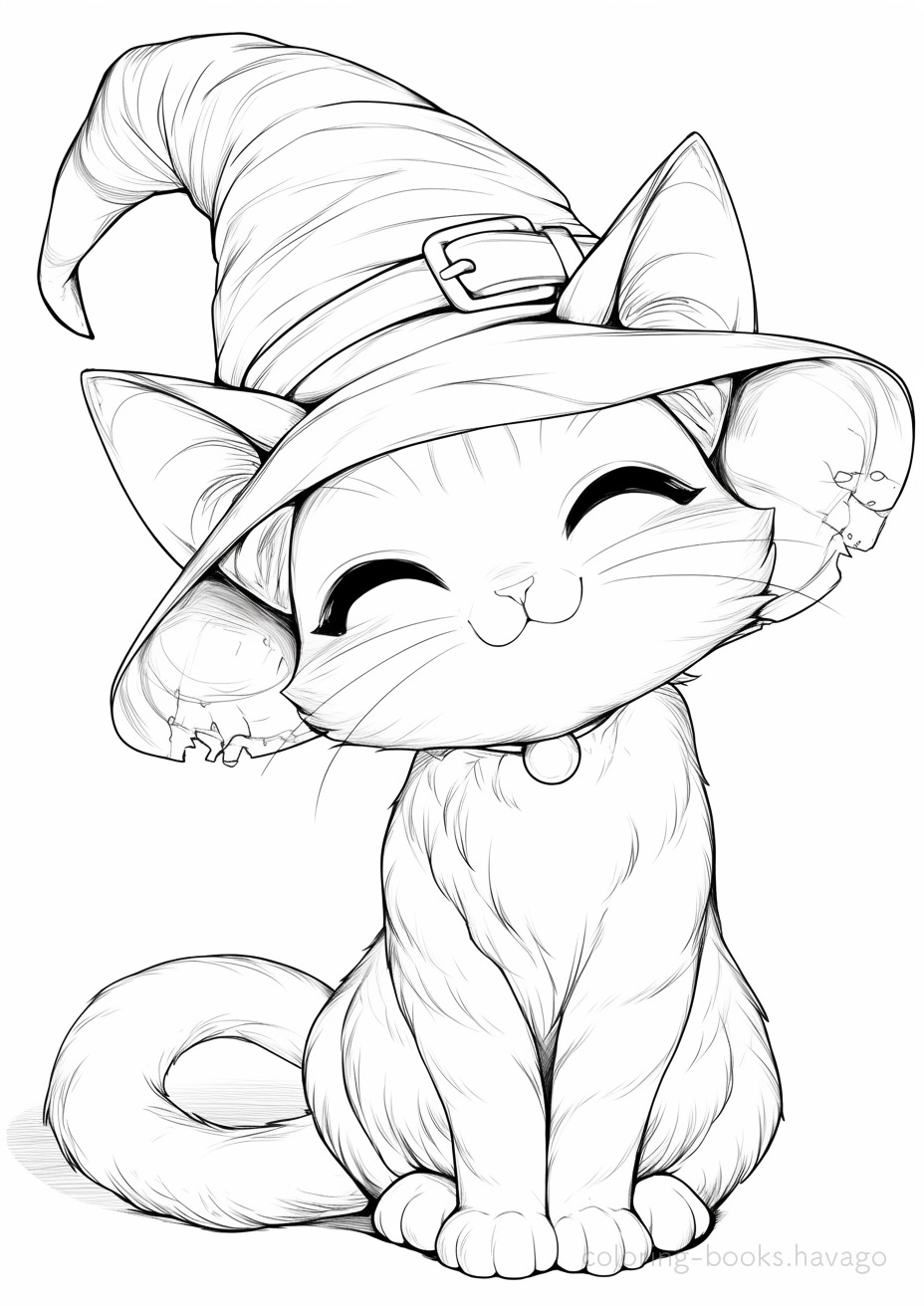 A cheerful cat wearing a witch's hat coloring page. | havago