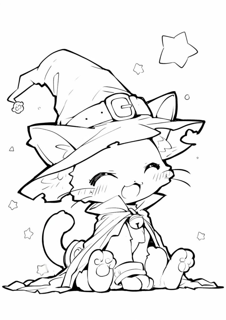 魔女の仮装をした猫の塗り絵 | ハバゴ