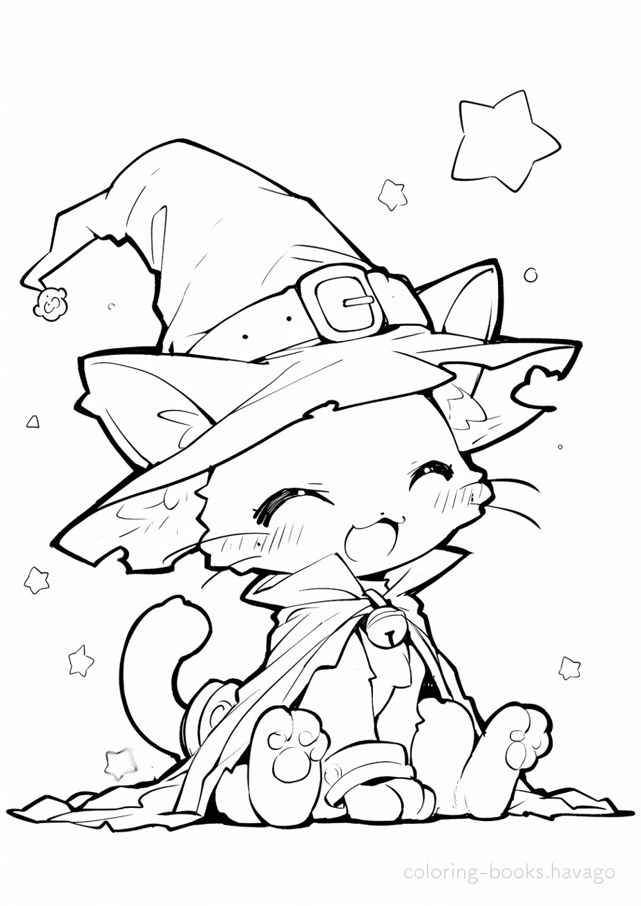 Cat Coloring Page Dressed as a Witch. | havago