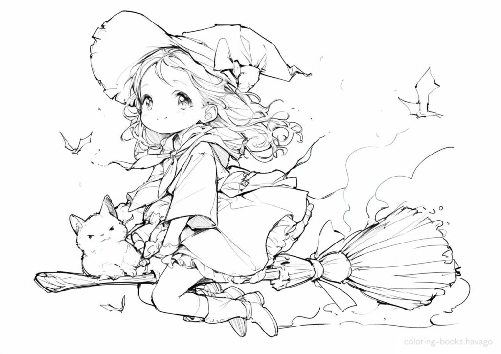 優雅に空を飛ぶ魔女の塗り絵 大人の塗り絵 | ハバゴ