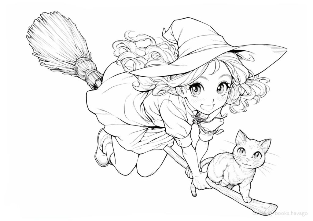 ねこと空を飛ぶ魔女の塗り絵 大人の塗り絵 | ハバゴ