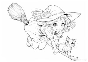 ねこと空を飛ぶ魔女の塗り絵 大人の塗り絵 | ハバゴ