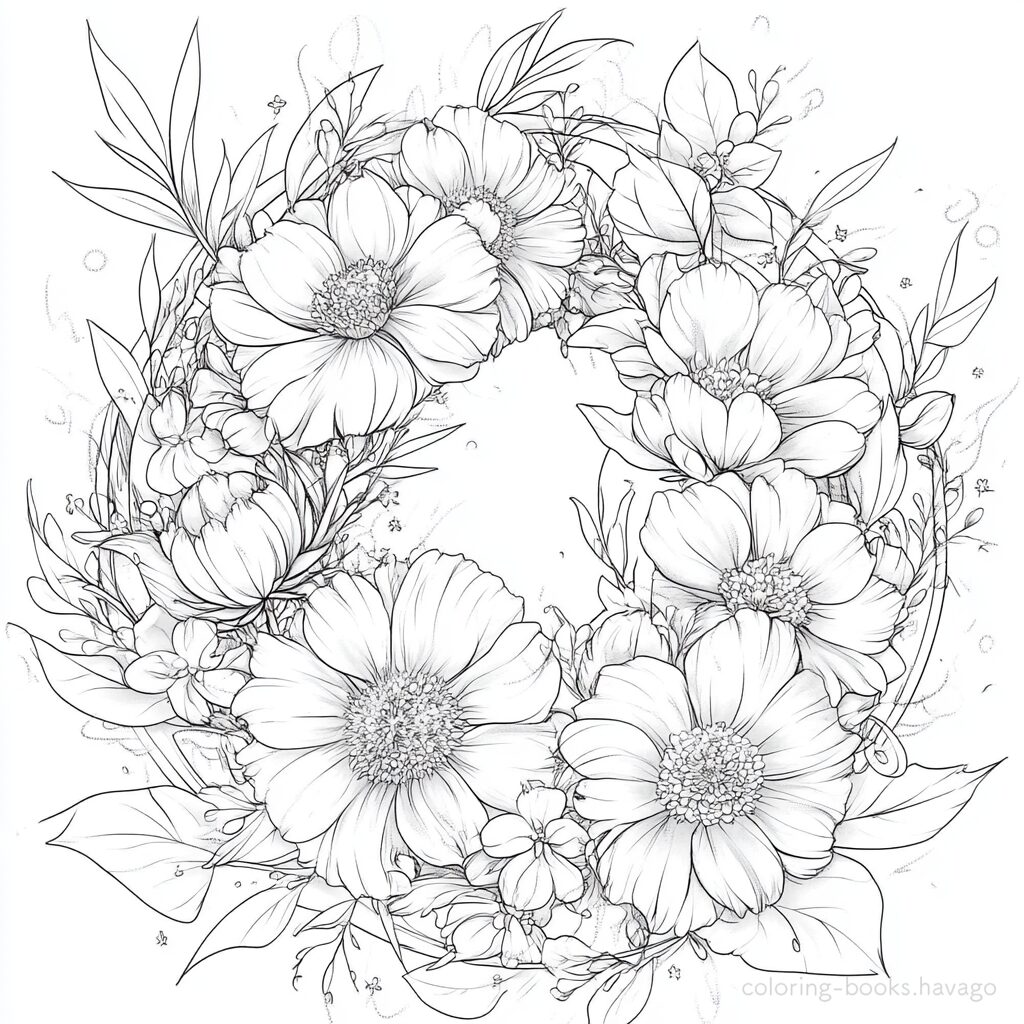お花で作ったリースの塗り絵 | ハバゴ