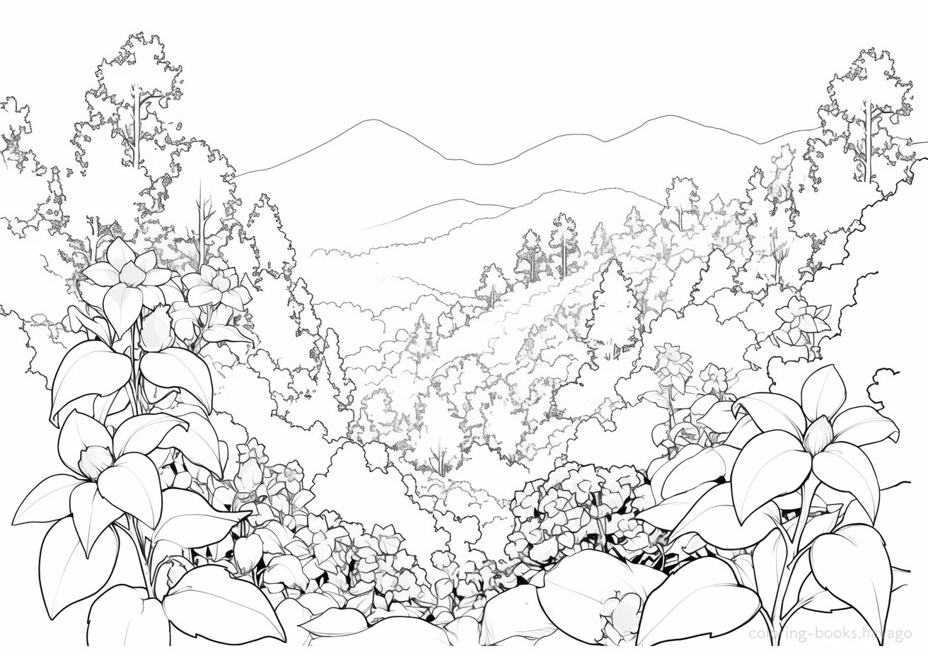 Mountain Landscape with Blooming Flowers Coloring Page. | havago