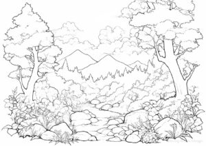 Coloring Page: Forest Path Where Mountains Are Visible. | havago