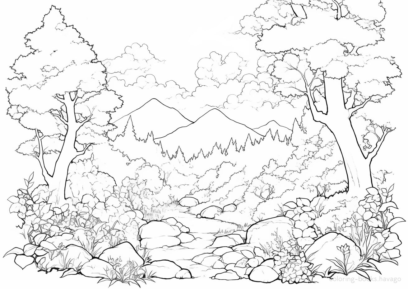 Coloring Page: Forest Path Where Mountains Are Visible. | havago