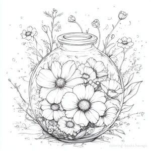 ボトルに入ったコスモスの花の塗り絵 | ハバゴ