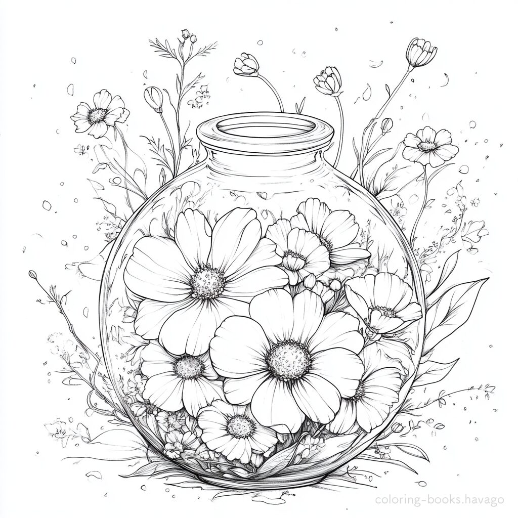 ボトルに入ったコスモスの花の塗り絵 | ハバゴ