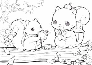 Coloring Page: Squirrel Friends Sharing Nuts. | havago