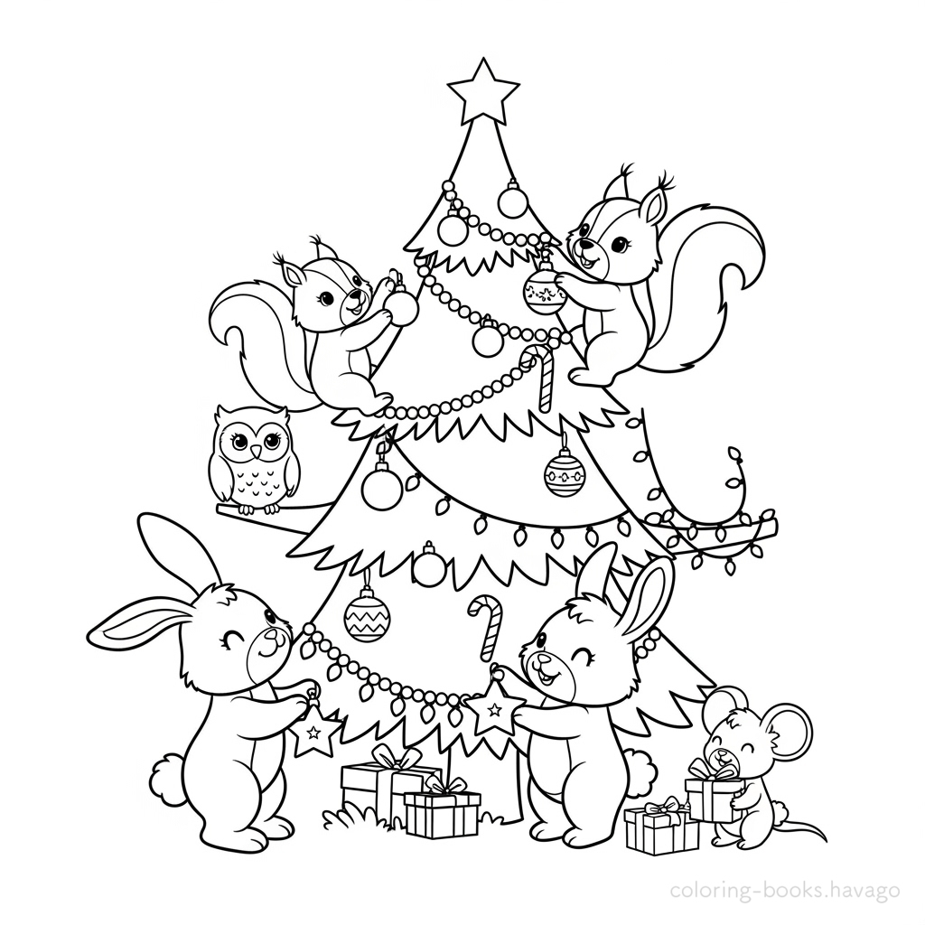 Coloring Pages of Animals Decorating a Christmas Tree. | havago