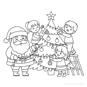 Santa Claus Decorating the Tree with the Children Coloring Page. | havago
