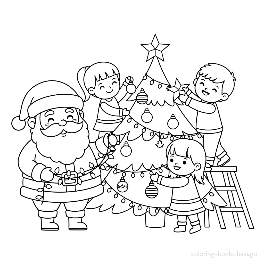 Santa Claus Decorating the Tree with the Children Coloring Page. | havago