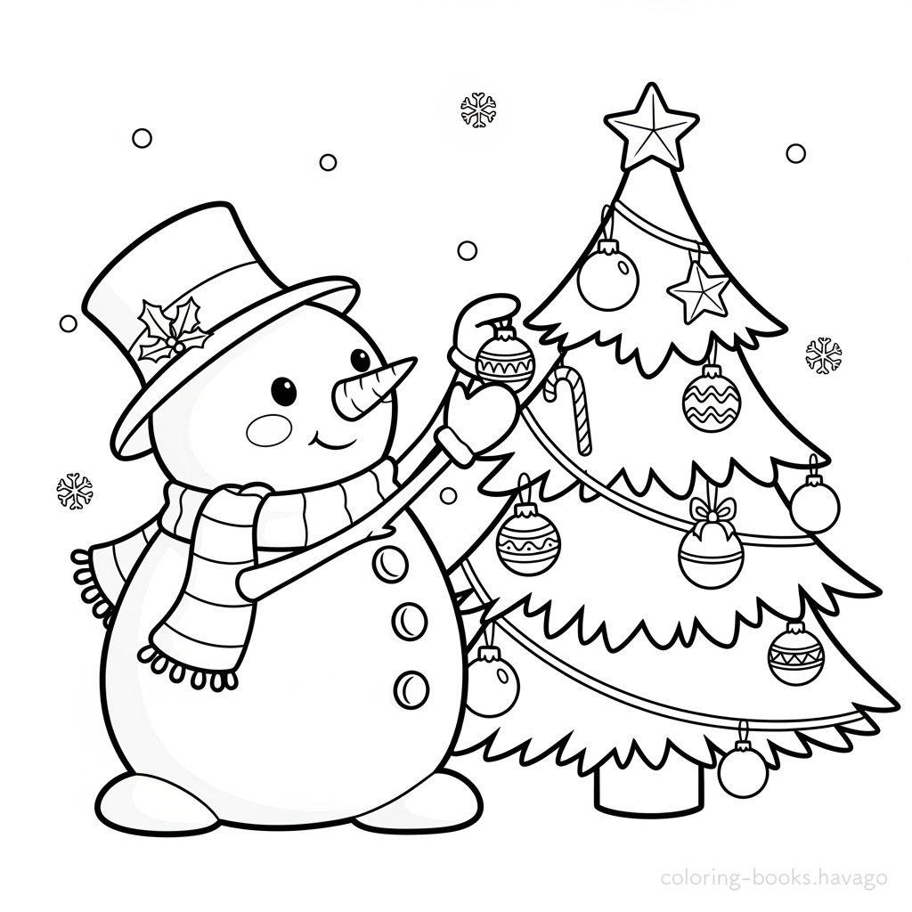 Snowman Decorating the Tree Coloring Page. | havago