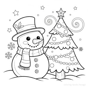 Cute Snowman and Tree Coloring Page. | havago