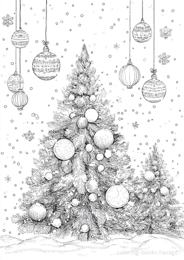 A Beautiful Tree with Large Ornaments Coloring Page. | havago