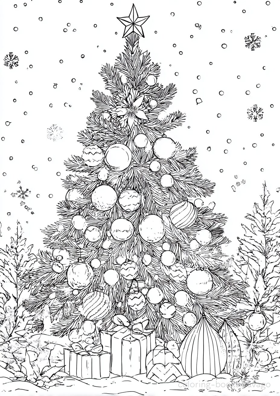 A Tree Shining on a Snowy Night Coloring Page. | havago