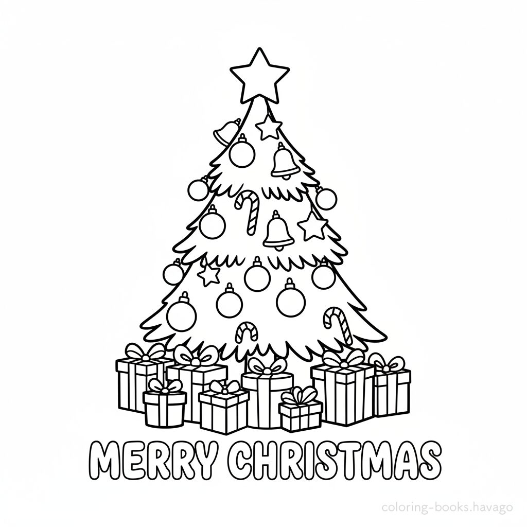 A coloring page of a tree decorated with many presents. | havago